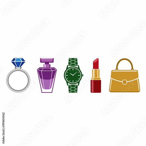 Elegant collection of luxury fashion accessories: diamond ring, perfume bottle, wristwatch, lipstick, and handbag on white background.