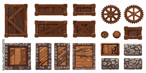 Assorted pixel art game assets including doors crates and mechanical gears