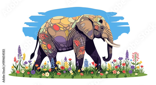 Vibrant illustration of an elephant with colorful patterns, standing amidst a variety of flowers against a blue background, conveying eco sustainability and celebration.