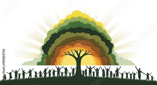 Illustration of a vibrant tree with people celebrating around it, symbolizing eco sustainability and Holi Festival of Colors, with a colorful and joyful mood against a bright background.