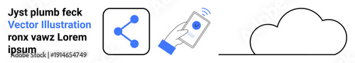 Cloud storage, technology concepts, mobile communication, file sharing, digital connection, network access. Graphic with cloud icon, sharing symbol and a hand holding a phone. Cloud storage