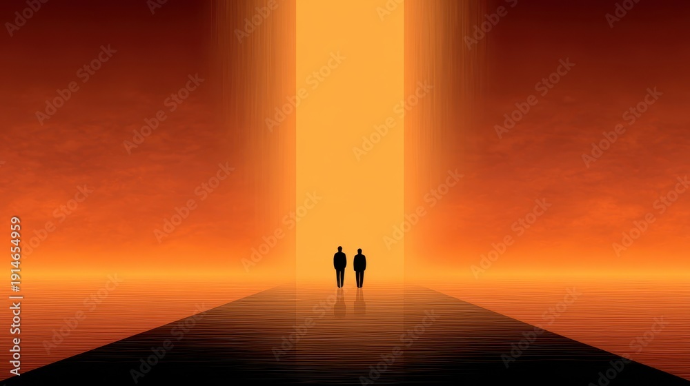 Fototapeta premium Two Figures Silhouetted Against A Bright Orange Vertical Light Beam Over Reflective Water At Sunset