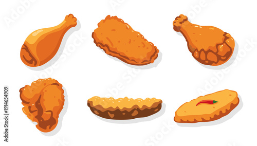 Fried Chicken and Battered Cutlet Set Vector Illustration Isolated on White Background