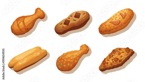 Fried Chicken Pieces and Chicken Fillet Vector Set Isolated on White Background