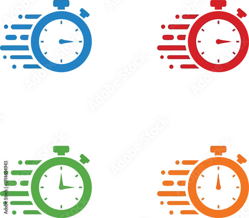 Speed stopwatch icon set, fast delivery timer symbols, colorful countdown clock vectors, isolated motion time graphic