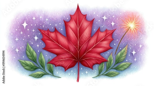 Vibrant Red Maple Leaf With Sparkler And Starry Night Sky Background