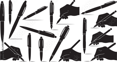 Collection of pens and hands holding writing instruments
