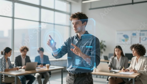 Man interacts with futuristic holographic interface during business meeting in modern office