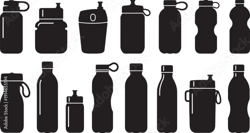 Collection of black water bottle silhouettes on white background