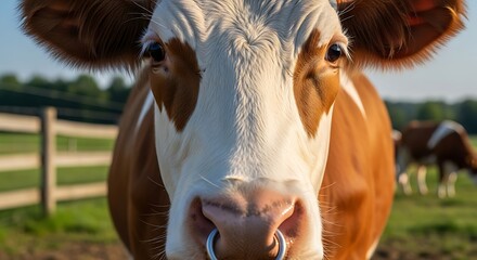 Captivating close-up photos of a brown and white farm cow with a nose ring, showcasing livestock details in a sunny pasture