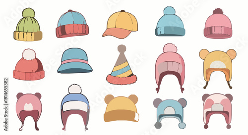 Cute colorful kids hat vector collection with cartoon winter and summer headwear