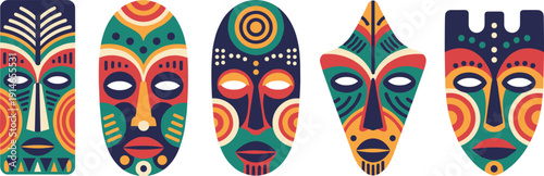 Set of Five Colorful Tribal African Masks Vector Illustration Featuring Unique Geometric Patterns Ethnic Decorative Elements for Cultural Festival Poster Designs