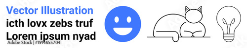 Emotions, creativity, design ideas, minimalism, branding, positivity. A blue happy face, a line art cat and a light bulb next to placeholder text. Emotions and creativity concept