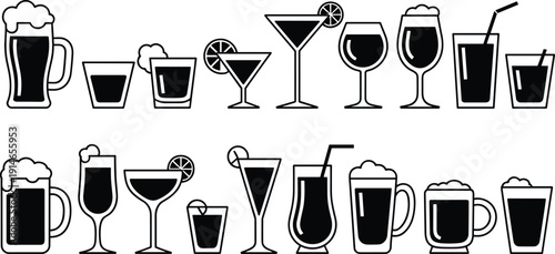 Alcoholic and nonalcoholic drink glass silhouettes vector set, cocktail, beer, wine, juice and soda icons collection, bar menu illustration
