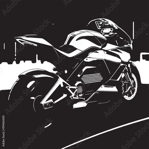 Monochrome motorcycle cruising on a dark urban street with city skyline silhouette.