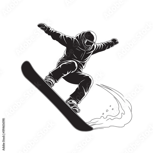 Snowboarder executing dynamic trick in midair with powder spray and intense motion.