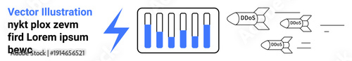Battery powering digital processes is struck by DDOS attack visuals with custom text. Ideal for technology, cybersecurity, data protection, risk management, IT operations, networking, simple landing