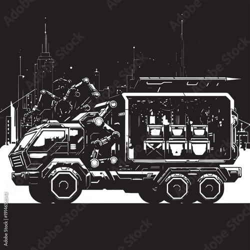 Monochrome illustration of a heavy industrial dump truck carrying a cargo container.