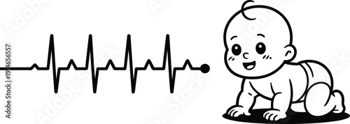 Baby crawling with heartbeat line vector illustration, infant ECG heart rate graphic, newborn health icon, cute pediatric medical baby silhouette, nursery wall art