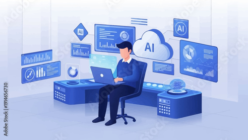 Businessman working with AI technology in modern office space