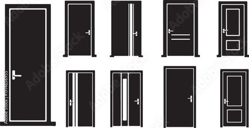 Collection of various black doors with white outlines and handles
