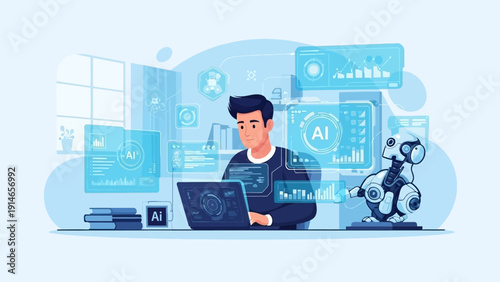 Man working with AI robot on laptop in modern office space