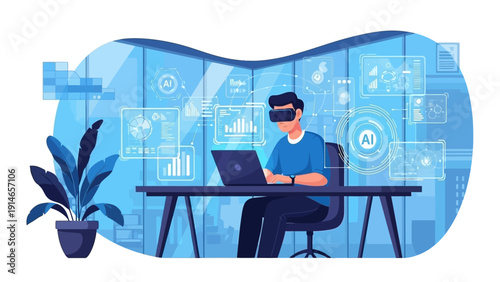 Man working with VR headset and laptop in modern office with AI data visualization