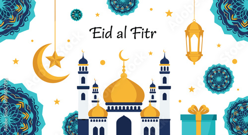 Eid al Fitr celebration background with gold mosque, teal mandalas, hanging lantern, crescent moon, and gift box for Islamic holiday greetings.