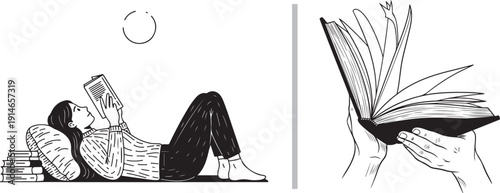Two black and white sketches: a woman lying down comfortably while reading a book propped against a pillow, and a close-up of hands holding an open book with pages fluttering.