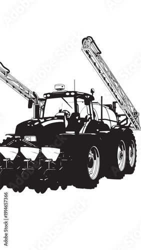 Industrial heavy machinery on a construction site featuring a multi wheeled tractor and towering booms at work.