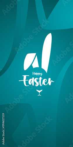 Happy Easter greeting vector with bunny ears and colorful brush strokes on a teal background