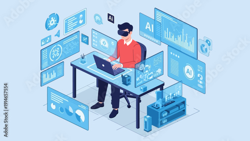 Professional man working with AI technology in modern office