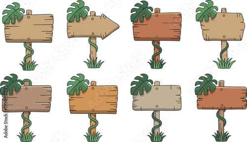 Cartoon wooden signboard set with tropical leaves and vines, rustic direction boards flat vector illustration collection
