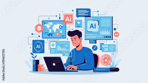 Smiling man working on laptop with AI technology graphics around him