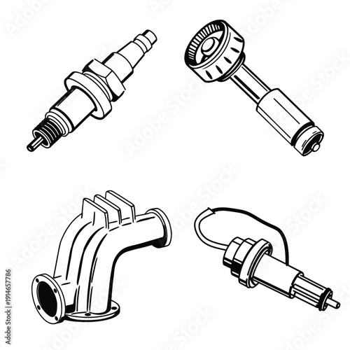 Automotive Spark Plug and Intake Manifold Vector Set