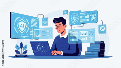 Professional working with AI technology on laptop in modern office