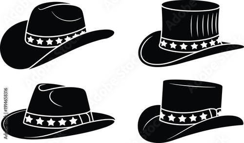 Cowboy hat silhouette collection, western hats with star bands, vintage country style headwear, black vector illustration set