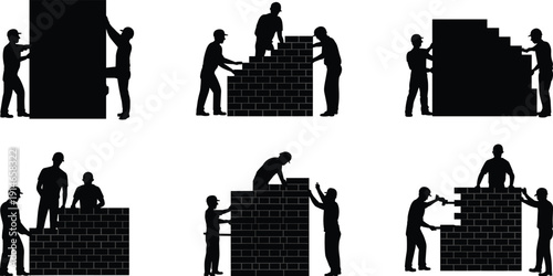 Bricklayer workers building wall silhouette set, construction teamwork black vector illustration collection