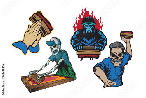 Vintage screen printing themed vector illustration set. Skeleton printers, rebellious figures, and strong mascot-style designs, Isolated on white background design