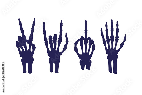 Skeleton hand gesture vector illustration set. Bone hand poses including peace sign, open palm, OK sign, and pointing fingers, silhouette design isolated on white background