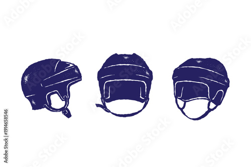 Vintage hockey helmet vector illustration set. Side, front, and angled views in silhouette textured vintage ink details style, isolated on white background
