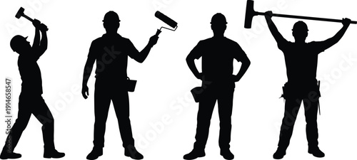 Construction worker silhouette set, industrial builder renovation black vector illustration collection