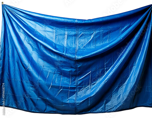 wrinkled blue tarp hanging on white background PNG