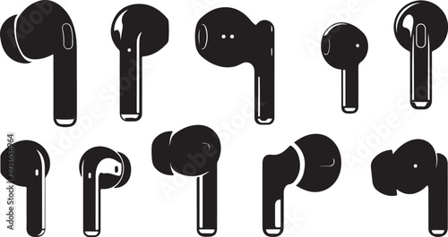 Black wireless earbuds in various positions and angles shown