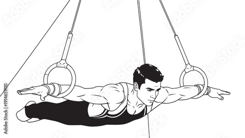 Athlete performing gymnastic ring training and strength exercise on suspended rings for upper body conditioning.