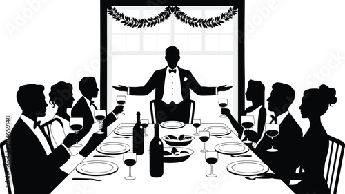 Elegant formal dinner party silhouette, people raising wine glasses, luxury dining table, celebration, social gathering vector illustration