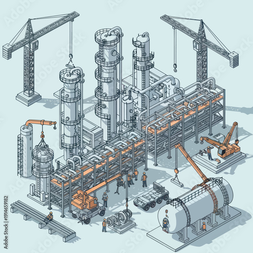 Industrial Plant Construction Site with Cranes and Machinery.