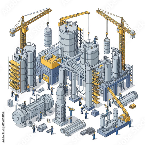 Industrial Factory with Cranes and Equipment.