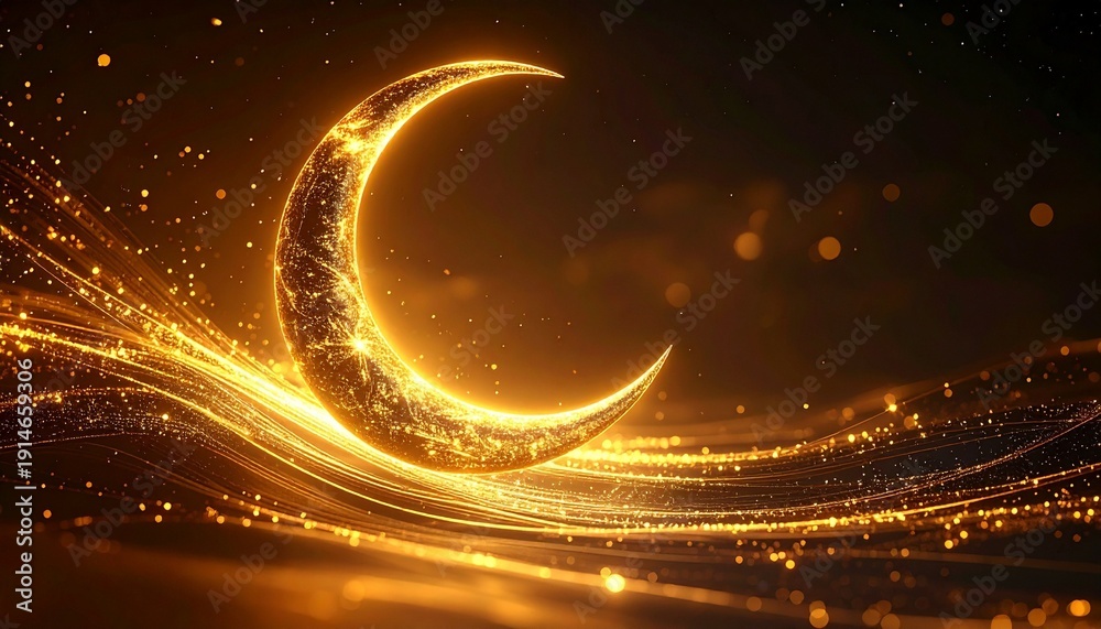 Fototapeta premium Golden Crescent Moon with Sparkling Light Trails