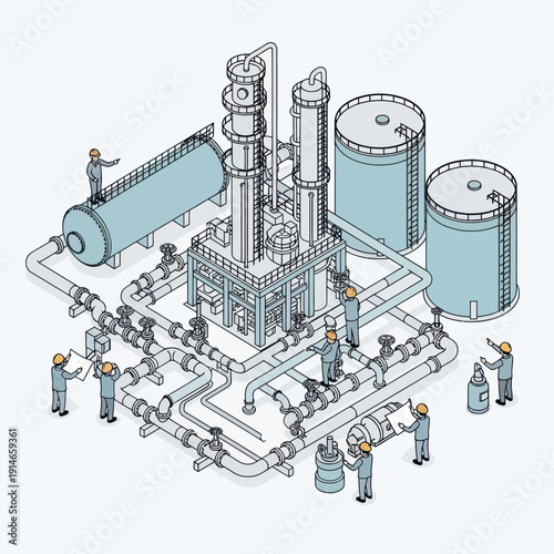 Industrial Plant Workers Inspecting Equipment and Piping.